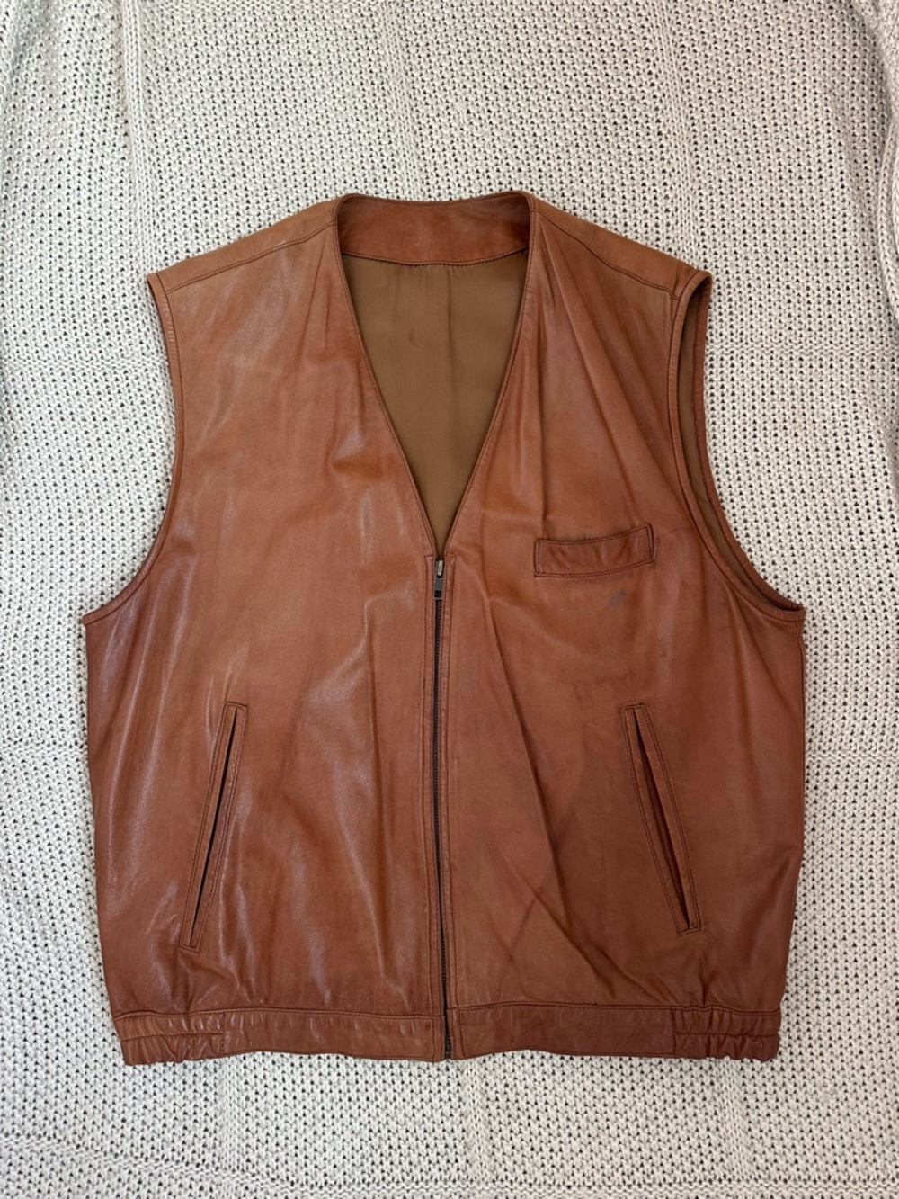 Vintage Brown Leather Vest • Minimal Zip Front • Genuine Leather • 90s Style